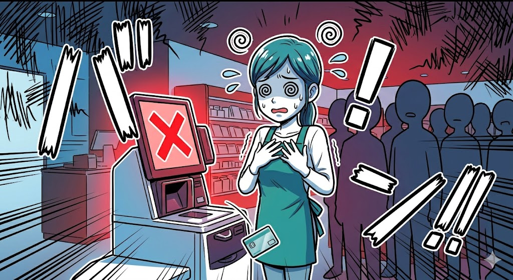 レジのエラー画面を前に、お客様の視線を感じて焦る店員のイラスト