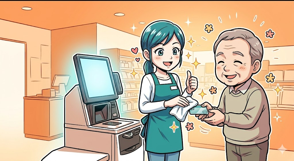 カードを丁寧に拭いてエラーを解決し、お客様に感謝される店員のイラスト