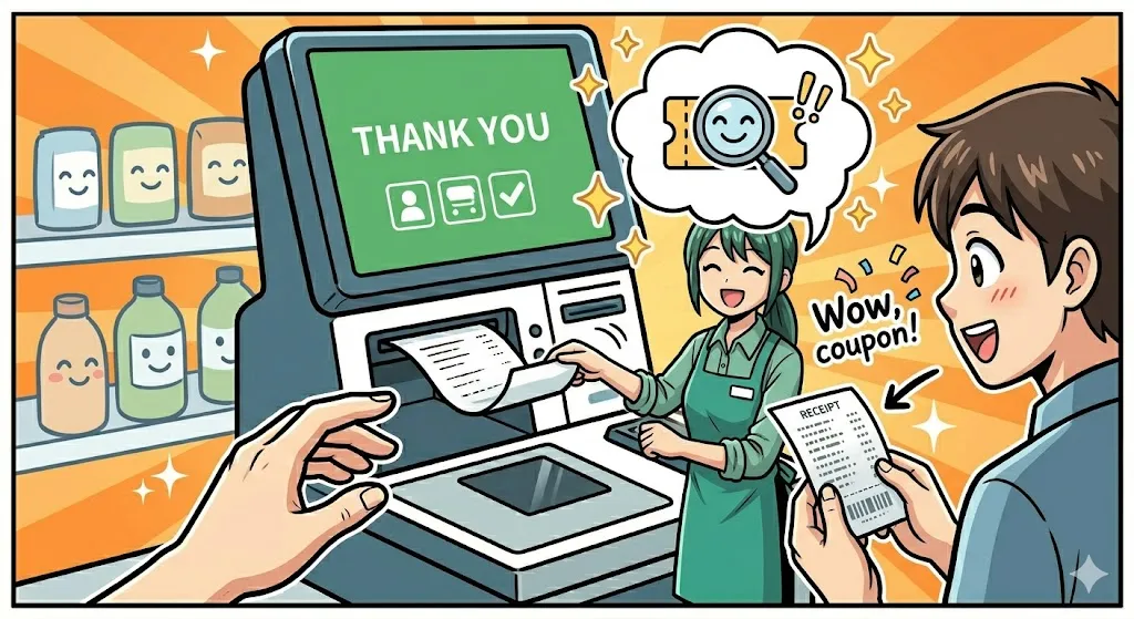 レシートを裏返して手渡し、お客様に喜ばれる店員の漫画イラスト
