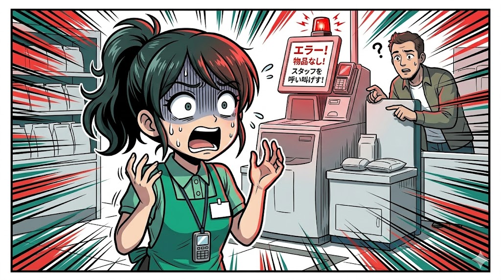 エラー画面を前に言葉が通じず焦るレジ監視員