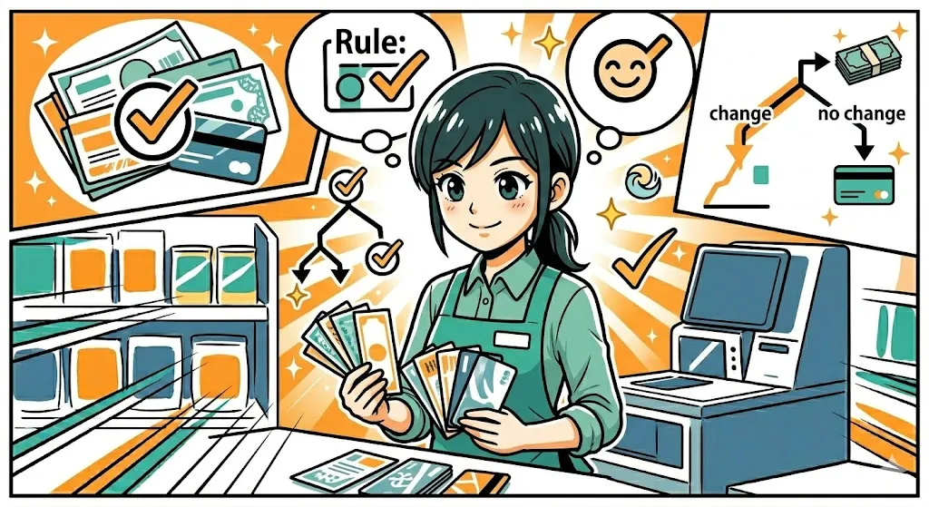 商品券のルールをスマートに見極めるセルフレジ店員の漫画イラスト