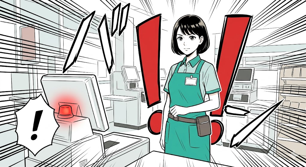 セルフレジでエラー対応に臨むアテンダントの漫画風イラスト