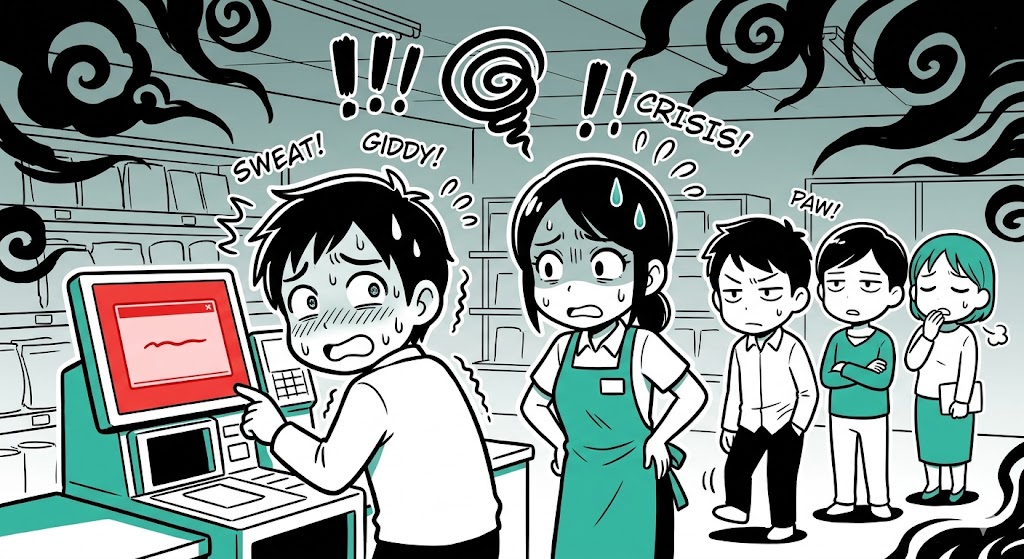 セルフレジの残高不足エラーで焦るお客様と店員のコミカルな漫画