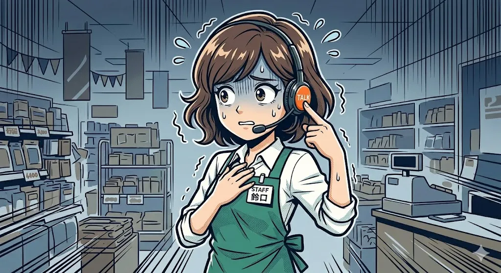 不審な動きに気づきつつも、インカムを推すか迷って焦る店員
