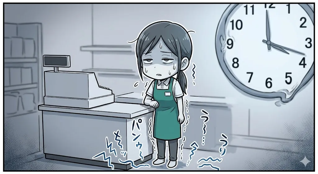 立ちっぱなしで足の痛みに耐え、疲弊している店員の漫画イラスト