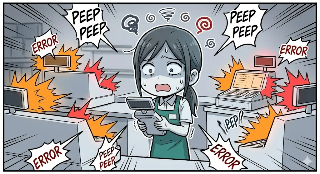 複数のエラーに囲まれ、どうしていいか分からずパニックになる店員の漫画イラスト