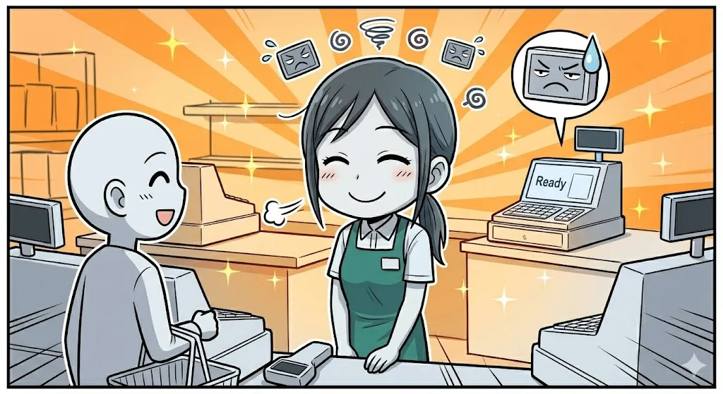 システムを主語にして、和やかに年齢確認のボタンを促す店員の漫画イラスト