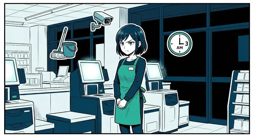 深夜の静かな店内で、気合を入れて監視業務につく店員の漫画イラスト
