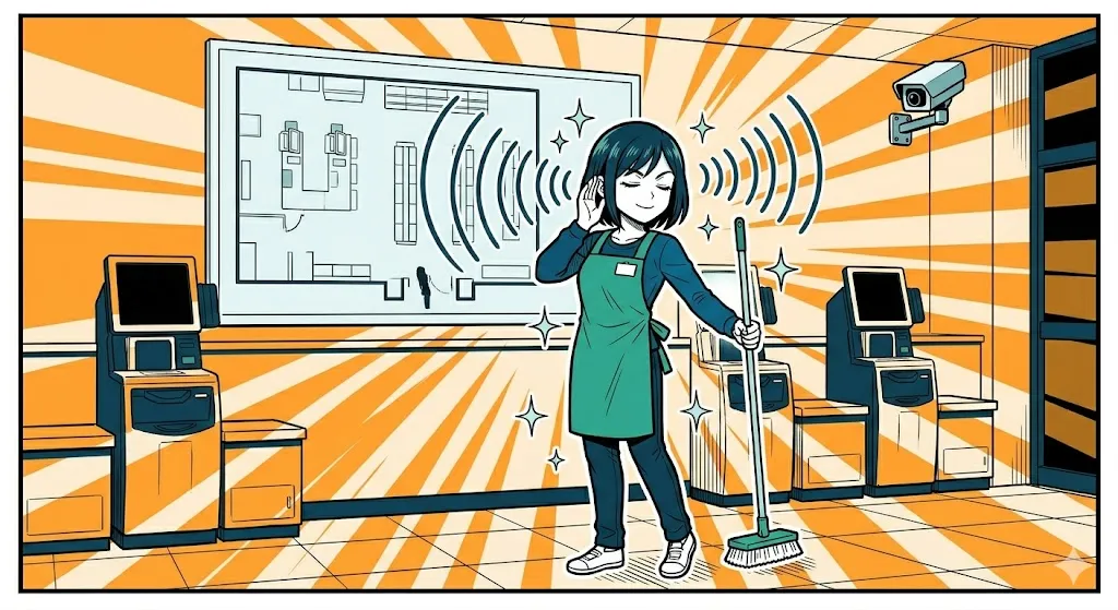 音を頼りに店全体の状況を把握し、余裕を持って微笑む店員の漫画イラスト