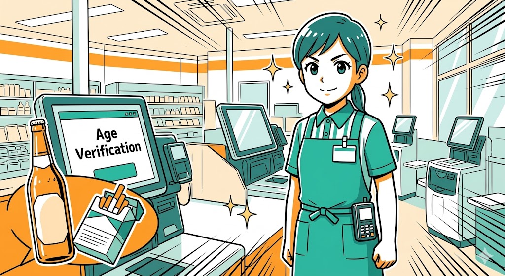 セルフレジで年齢確認に対応する、自信に満ちた店員のイラスト