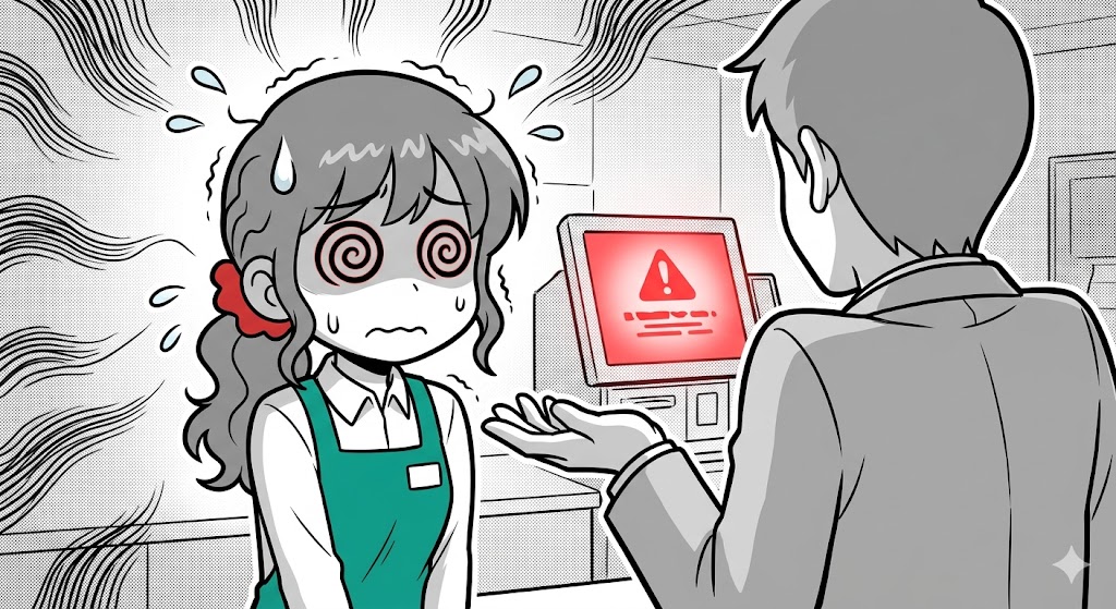 お客様に免許証がないと言われ、セルフレジ前で焦る店員のイラスト