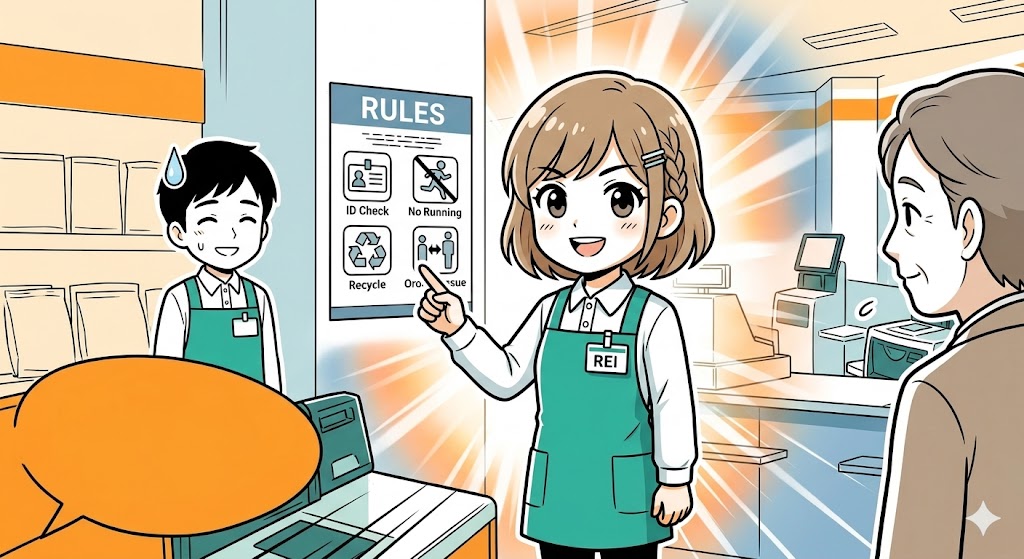 ルールを説明し、納得したお客様と笑顔で接する店員のイラスト