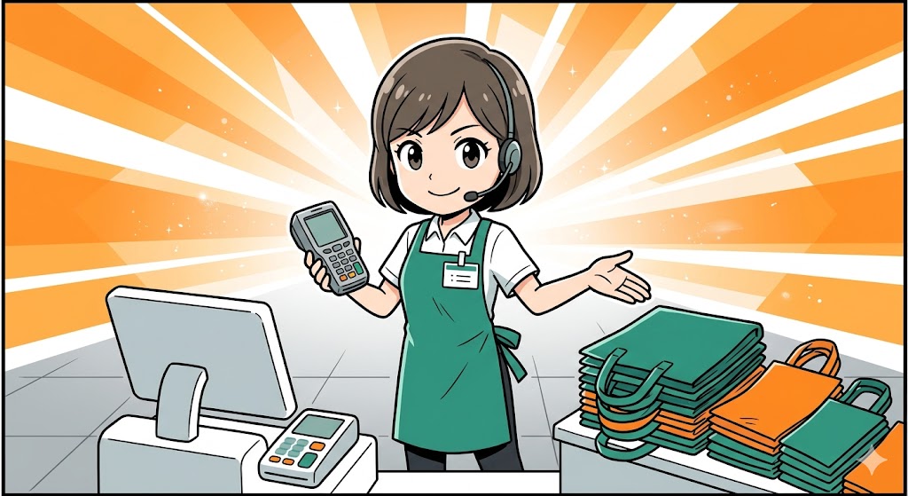 セルフレジ端末を操作しながら、スマートにレジ袋の案内をする店員