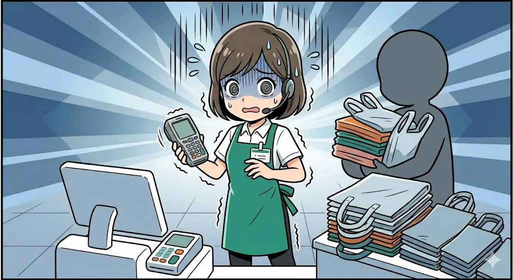 レジ袋を複数取る客を前に、声をかけるか迷い、焦る店員