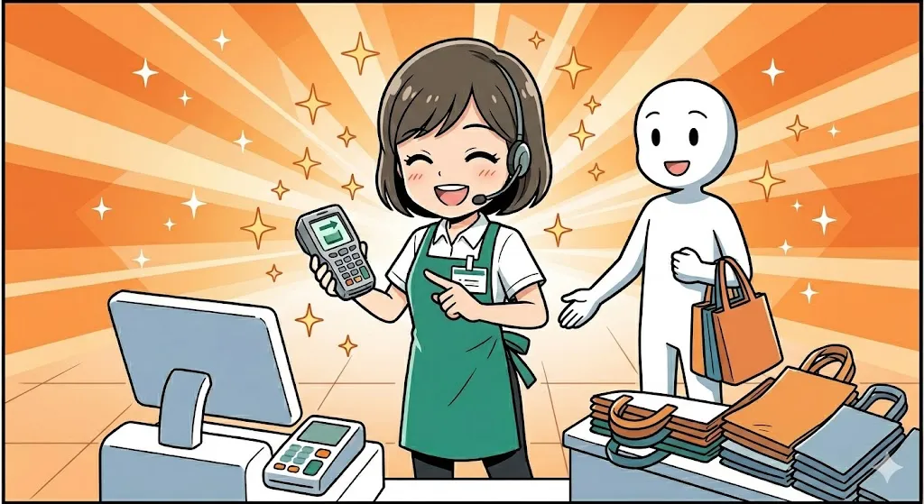 笑顔でお客様に近づき、スマートに袋代の追加を促す店員