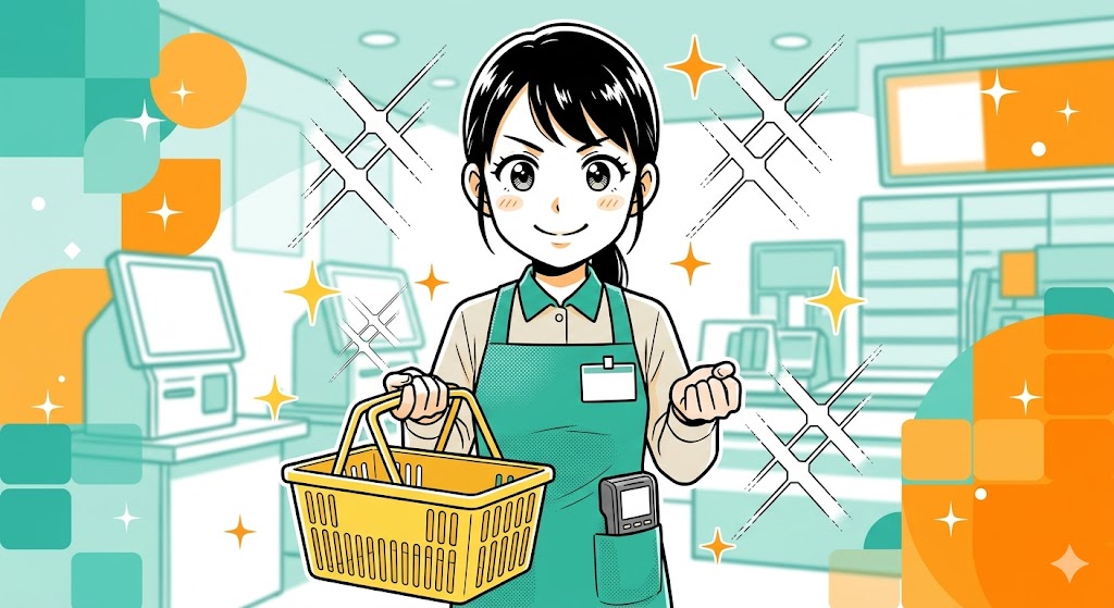 明るい笑顔でカゴを差し出し、お客様を誘導する若い女性店員のイラスト