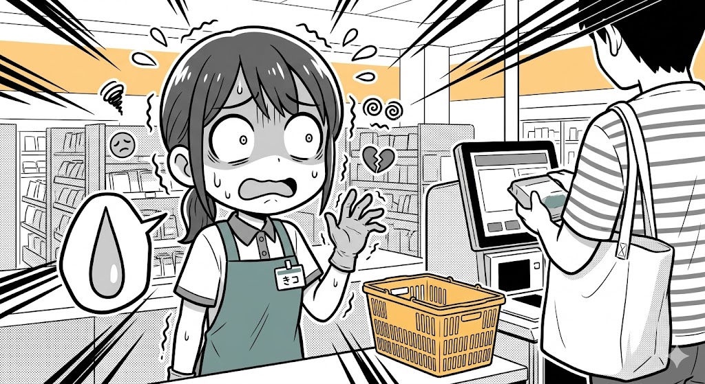 お客様が商品を直接マイバッグに入れようとして、焦る若い女性店員のイラスト