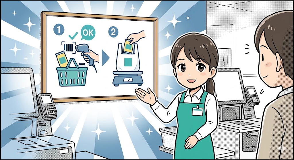 ルールを説明し、納得したお客様と笑顔で接する若い女性店員のイラスト