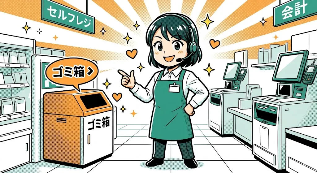 清潔なセルフレジで笑顔でゴミ箱を案内するプロのアテンダント
