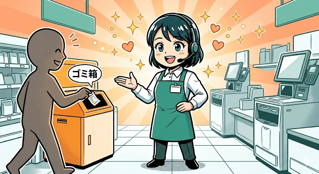 笑顔でゴミ箱を案内し、お客様がゴミを捨てる様子を見守る店員