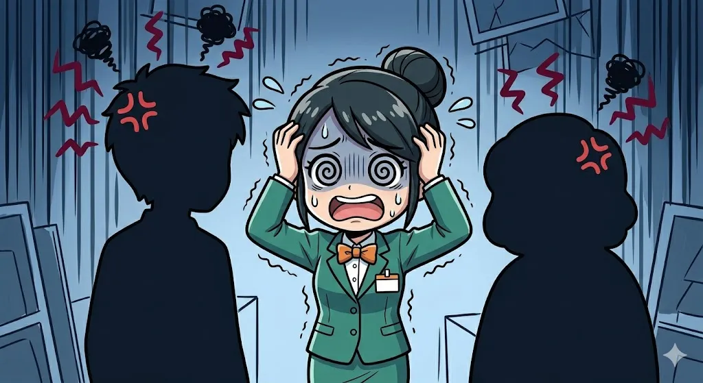 割り込みトラブルで板挟みになり焦るアテンダント