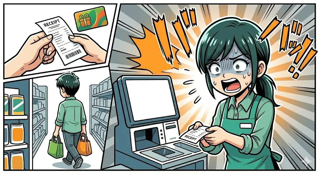 お客様が立ち去ってしまい、クーポン付きレシートを渡しそびれて焦る店員の漫画イラスト