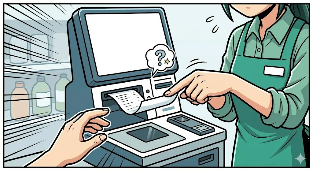 レシートが出てくる瞬間に指を添えて、お客様の視線を誘導する店員の漫画イラスト