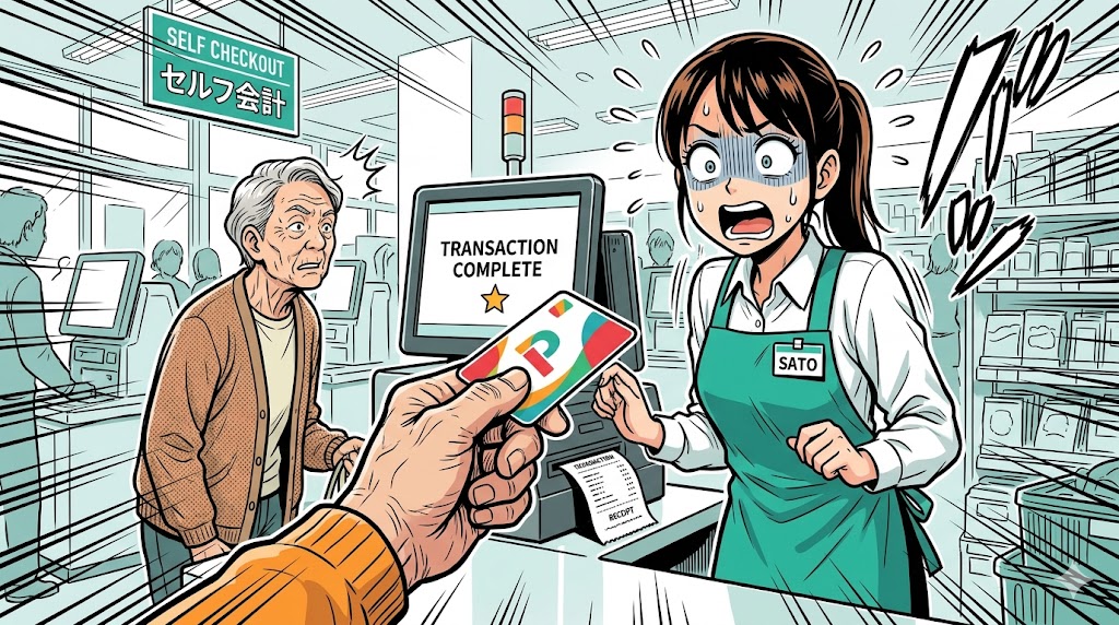 会計終了後にポイントカードを出され、焦る女性店員の漫画イラスト