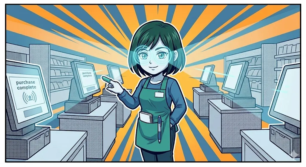 エリア全体を広い視野で捉える、プロのアテンダントの視線をイメージした漫画イラスト