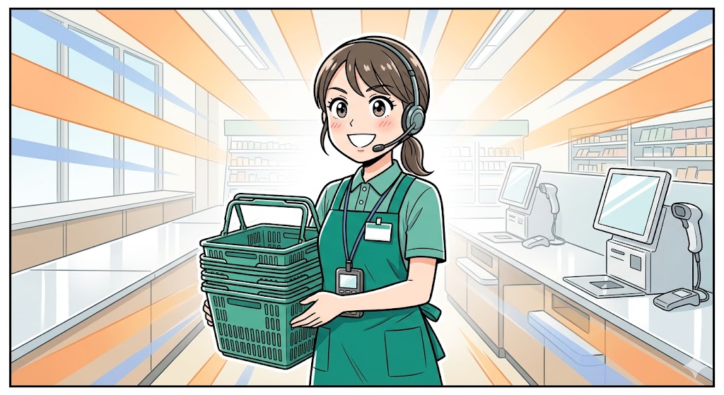 スタッキングしたカゴを抱え、きれいなレジ前で堂々と微笑む女性店員のイラスト