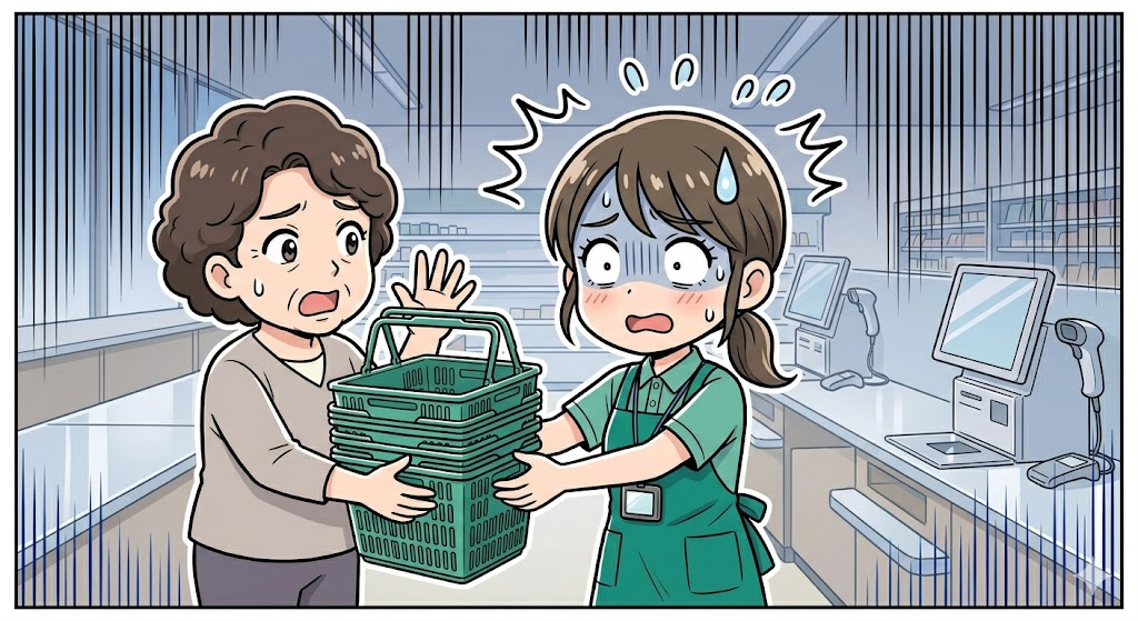 精算中のカゴを間違えて回収しようとしてしまい、慌てて冷や汗をかく店員のイラスト
