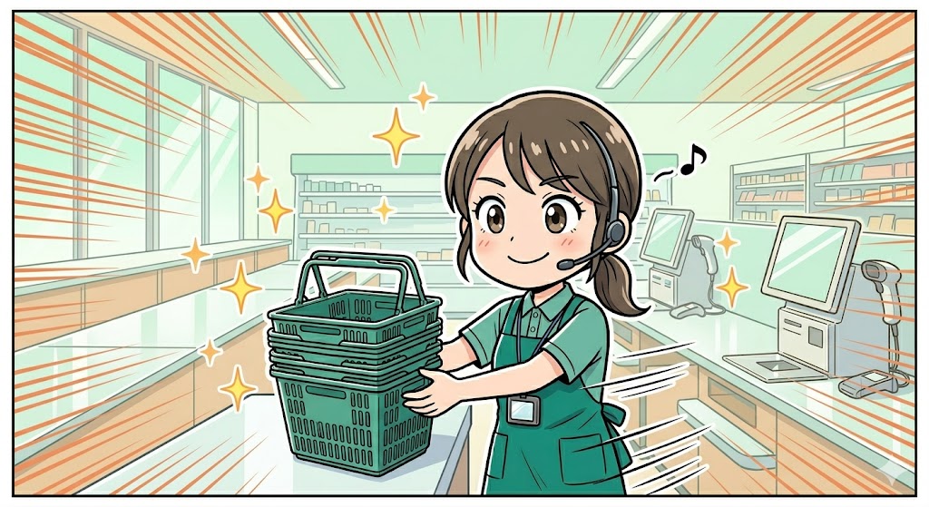会計終了の音に反応し、複数のカゴを重ねてテキパキとスマートに回収する店員