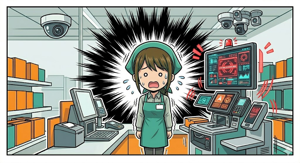 最新のセルフレジを前に焦って固まる店員