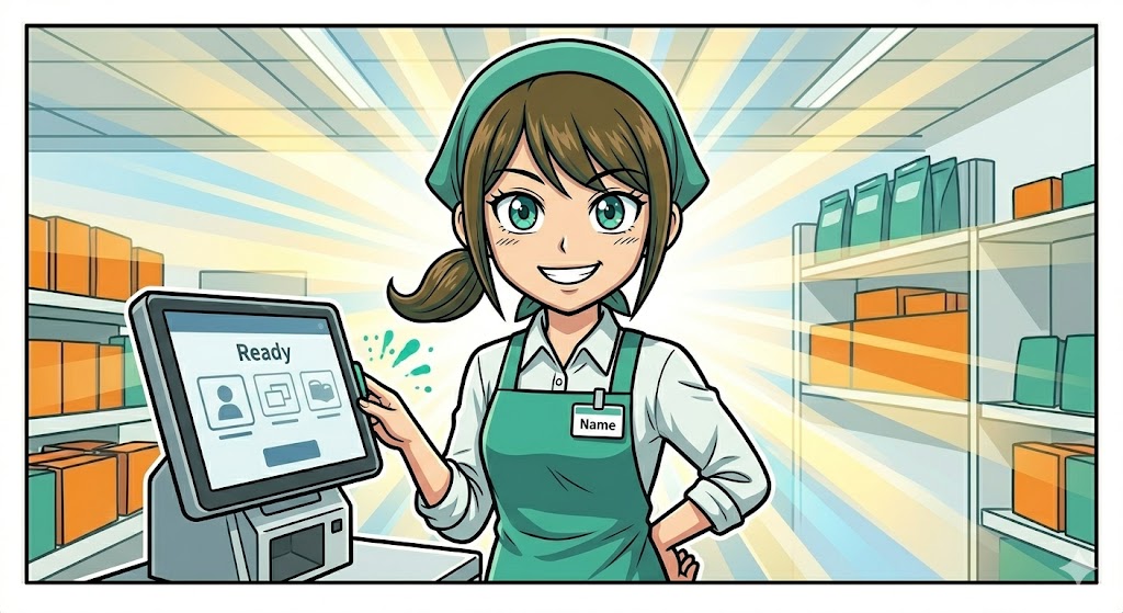 笑顔でお客様と会話しながらエラーを処理する店員