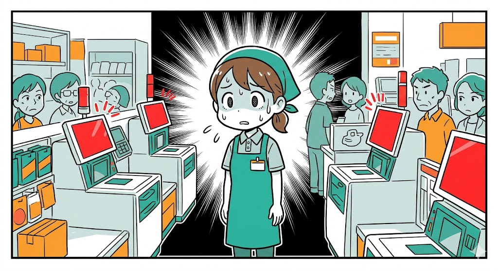 エラーに囲まれて不安そうに立ち尽くす新人店員