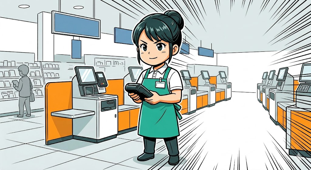セルフレジの現場で働くアテンダントのイラスト