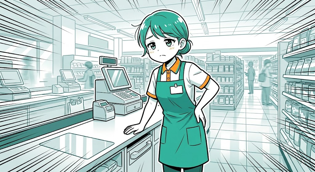 立ち仕事で腰の疲れを感じるアテンダントのイラスト