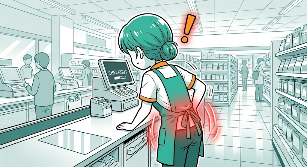 腰に負担がかかる姿勢で作業する店員