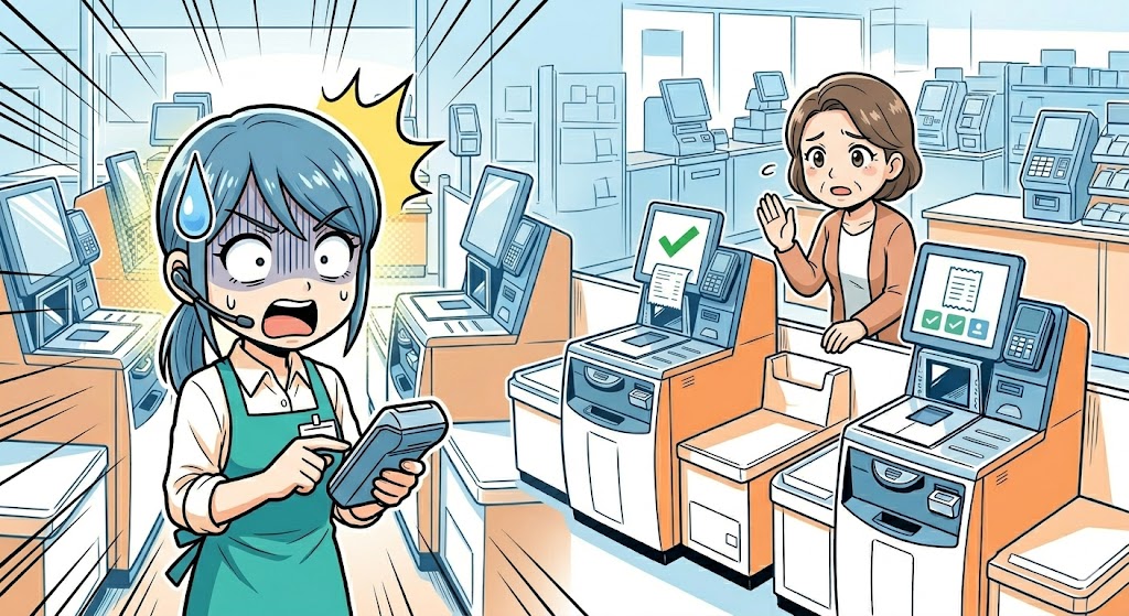 決済完了後にレジ袋を追加されて焦るセルフレジ店員のイラスト