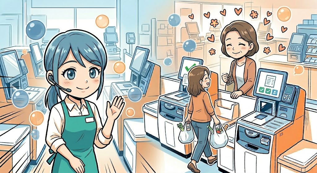 にこやかに手を振り、買い物袋を持ったお客様を温かく見送る店員のイラスト