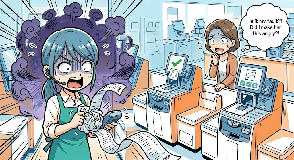 焦ってレシートをクシャクシャに丸め、お客様を怯えさせてしまう店員のイラスト
