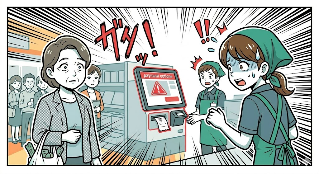 精算直後にカゴを持って立ち尽くすお年寄り