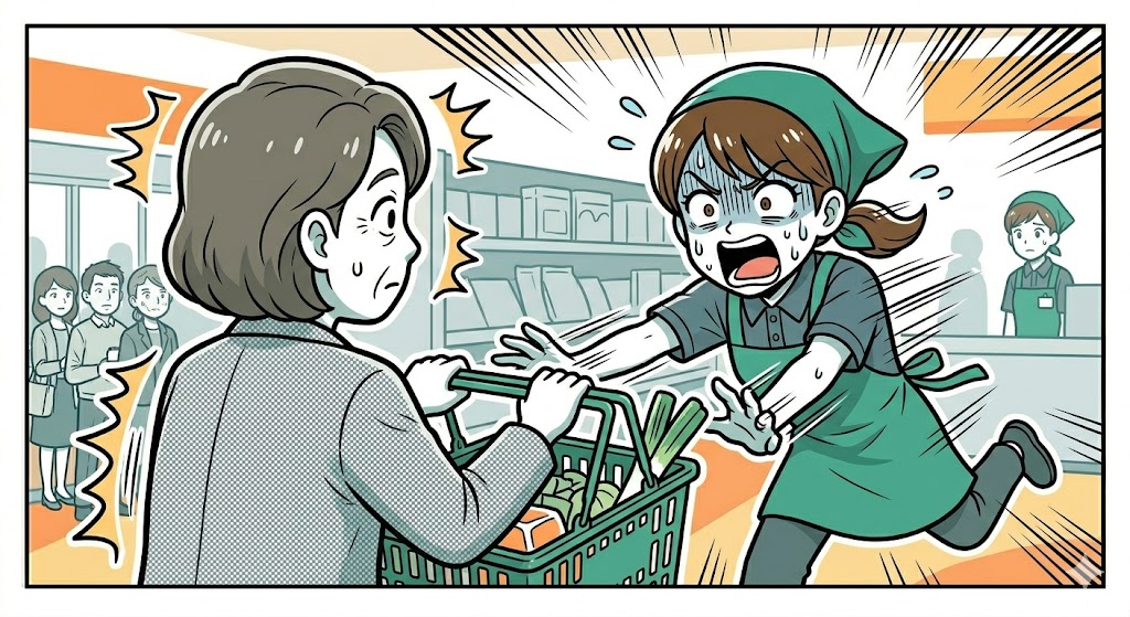 カゴを急に触られて驚くお客様と焦る店員