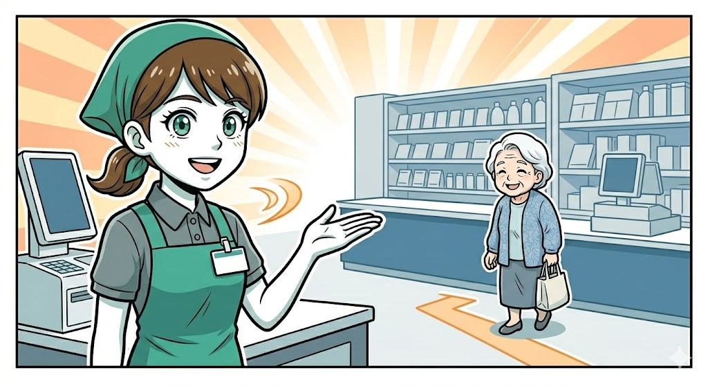 笑顔でお客様を袋詰め台へ先導する店員