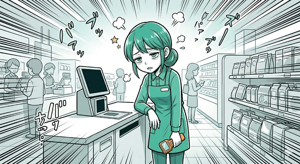 シフト後半に疲労困憊のアテンダントのイラスト