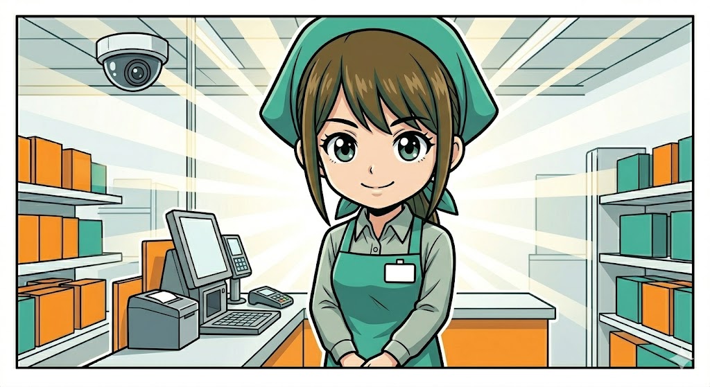 凛とした姿勢でカメラを味方にして立つ店員