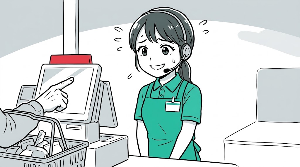 お客様から操作を丸投げされ、困った表情で引きつり笑いをする女性アテンダントのイラスト