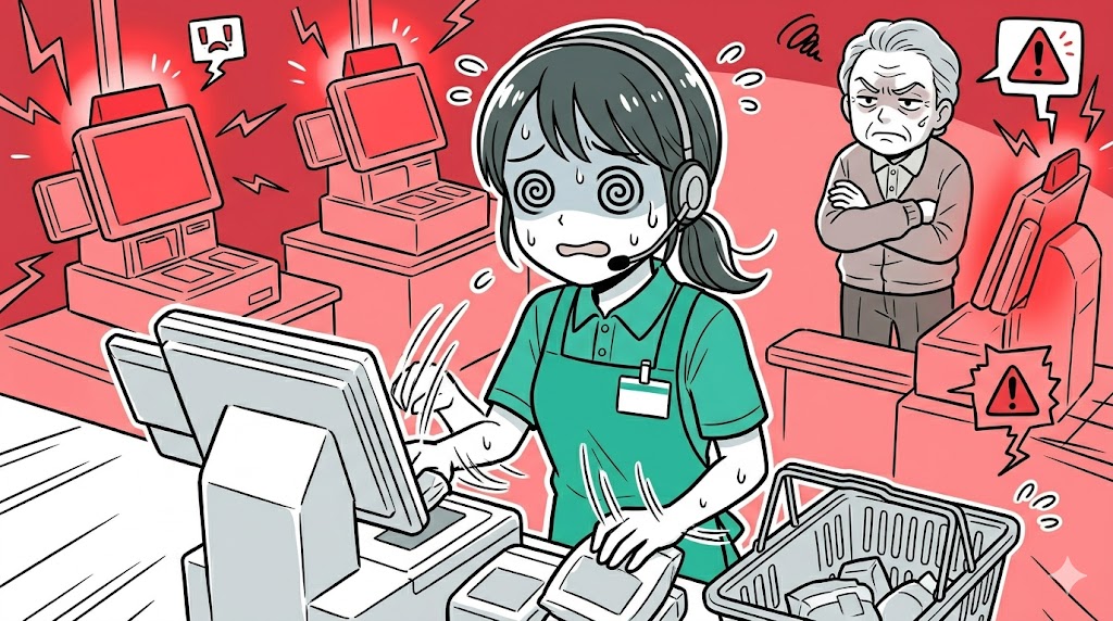 レジ操作を代行している間に、周囲のレジでエラーが多発して真っ青になる店員のイラスト