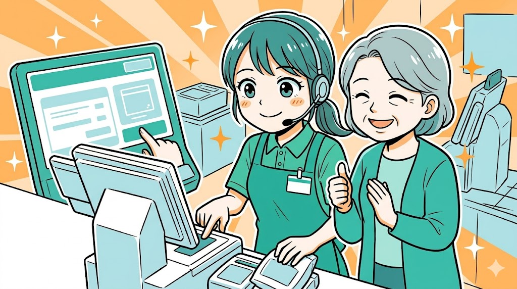 斜め後ろから温かく見守られ、自分でレジを操作して嬉しそうな客と笑顔のアテンダントのイラスト