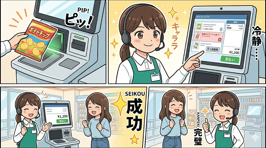 セルフレジの二重読み取り(ダブルスキャン)を冷静に解決する、プロ意识を持った女性アテンダントの3コマ漫画風イラスト
